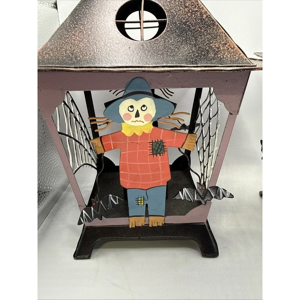 2- Halloween Lantern Tealight Candle Holder Scarecrow & Bats Hollow‎ Metal Cage